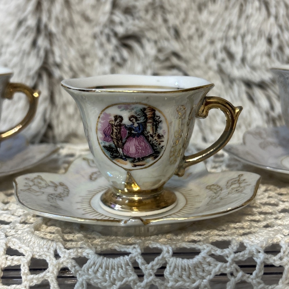 Vintage 6‎ Pc Lusterware Demitasse Trap Cup And Leaf Shaped Saucer Sets Japan